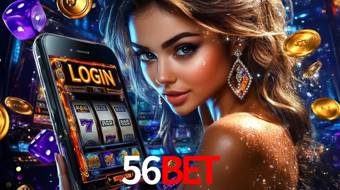 Mulher glamorosa segurando um smartphone com a tela de login para os jogos de caça-níqueis do cassino online 56BET, com moedas de ouro e dados ao redor.