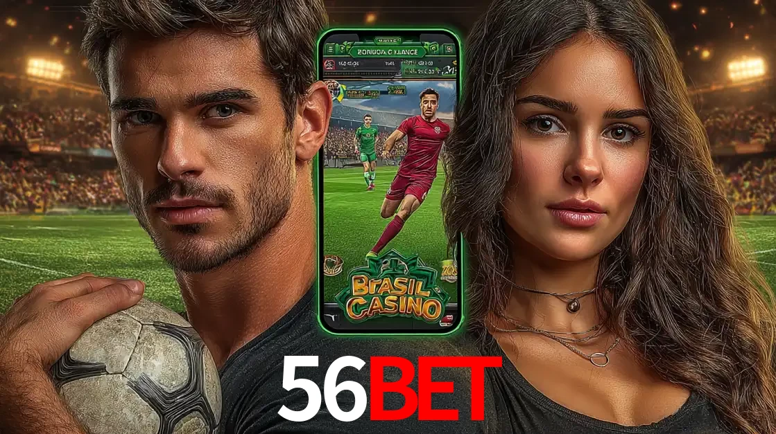 Homem segurando uma bola de futebol e uma mulher ao lado de um smartphone exibindo o jogo de apostas esportivas da 56BET. Faça seu palpite no cassino online.